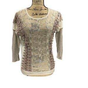 BKE Boutique Mesh Front Sweater with Cream and Brown Lace Size Small 3/4 Sleeves